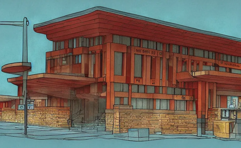 Prompt: police station.By rFrank Lloyd Wright, illustration, digital painting, highly detailded