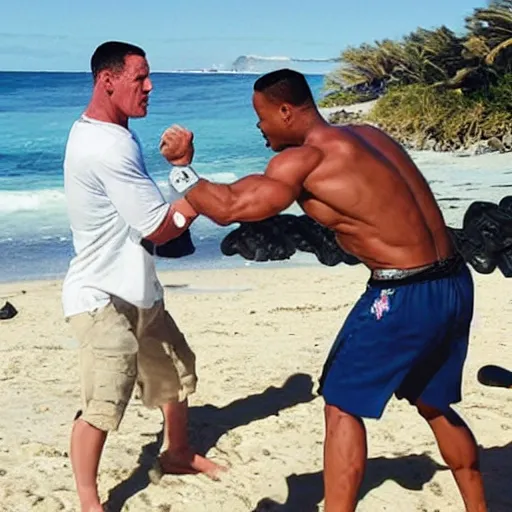 Image similar to John Cena fights Will Smith on the beach