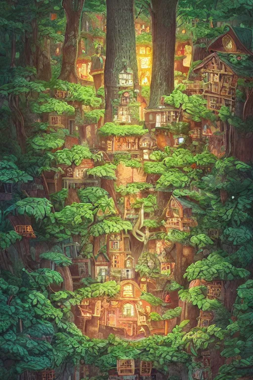 Prompt: a miniature city built into the trunk of a single colossal tree in the forest, with tiny people, in the style of cory loftis, lit windows, close - up, low angle, wide angle, awe - inspiring, highly detailed digital art