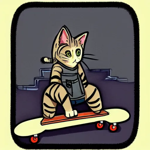 Prompt: “an anime drawing of a cat riding a skateboard in vasastan”