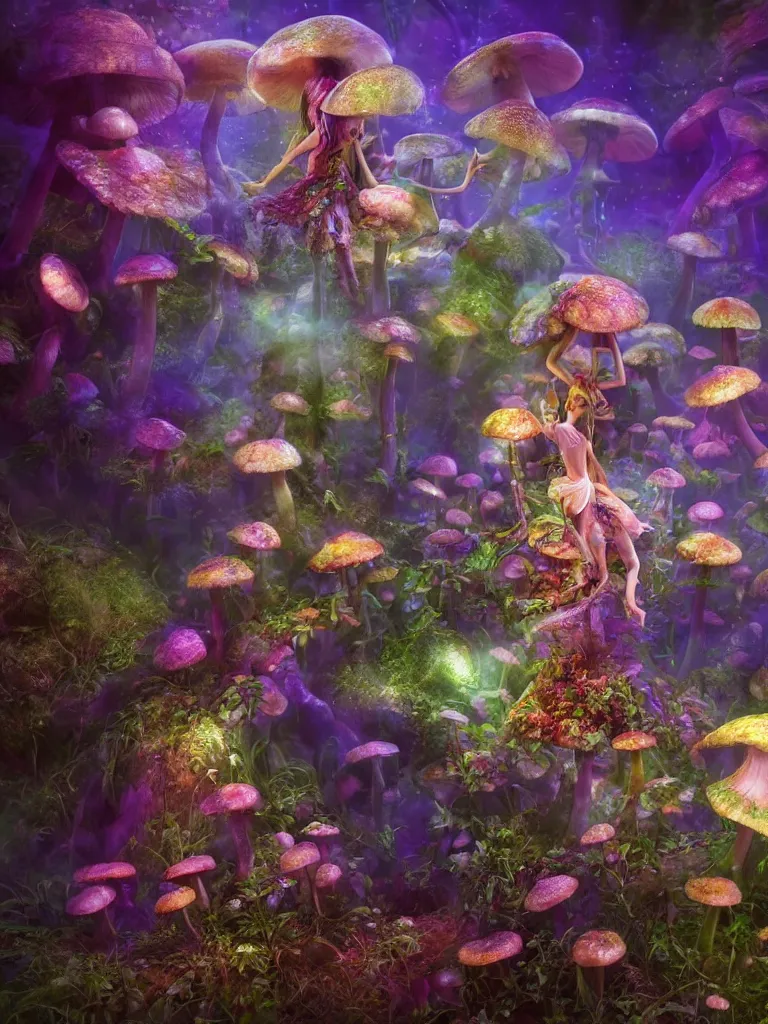 Image similar to fairy's dance in delight around a complex psychedelic engine creating mushrooms, by brian froud, octane render, 8 k, beautifully lit