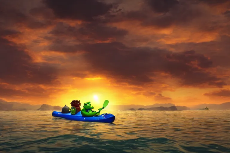 Prompt: a photo of shrek and sonic kayaking in the ocean during a beautiful sunset, photorealistic, hd, 8 k