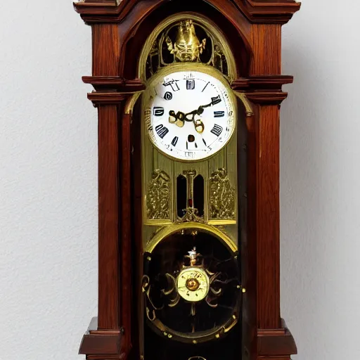 Image similar to photo of a grandfather clock with a human old-man head coming out of the front