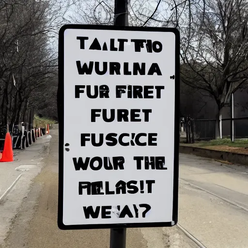 Image similar to a street sign warning furries that they will be arrested, sad furry looking at it