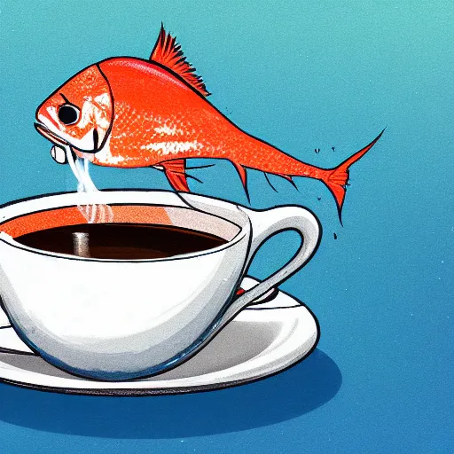 Image similar to a digital painting of a real fish drinking coffee