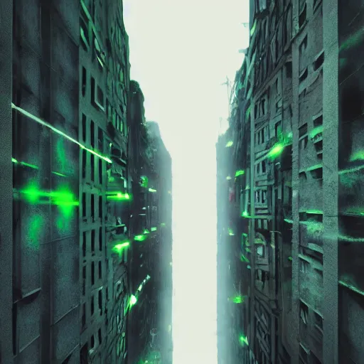 Image similar to 249. Dark City. Labyrinth. Highrise. Walking through the streets with no direction in mind. Escape not possible. Mist. Dark sky. Colorscheme dark green, dark yellow. Gradient. Low angle wide shot. Artstation