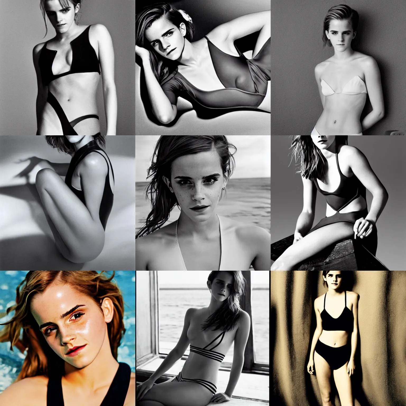 Prompt: Photo of Emma Watson in swimsuit, soft studio lighting, photo taken by Helmut Newton for Abercrombie and Fitch, award-winning photograph, 24mm f/1.4