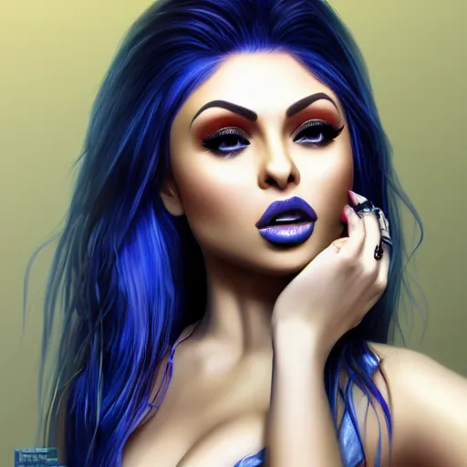 Prompt: portait of haifa wehbe, perfect lips licking tongue, long hair blue centred, hd, very detailed curve, digital painting, unreal engine, final fantasy style, amazing blue background theme