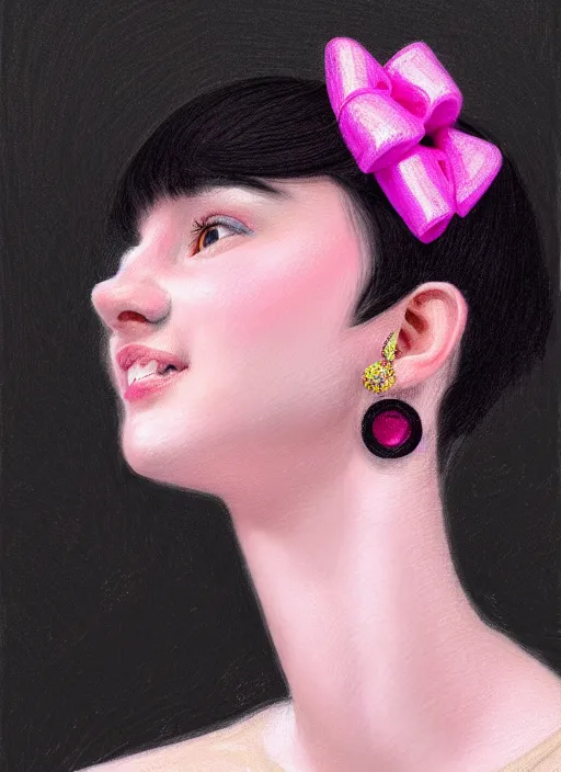 Image similar to portrait of teenage girl, realistic, black hair, bangs, half updo hairstyle, pointy nose, skinny, smile, ugly, defined jawline, big chin, pink hair bow, earrings, intricate, elegant, glowing lights, highly detailed, digital painting, artstation, sharp focus, illustration, art by wlop, mars ravelo and greg rutkowski