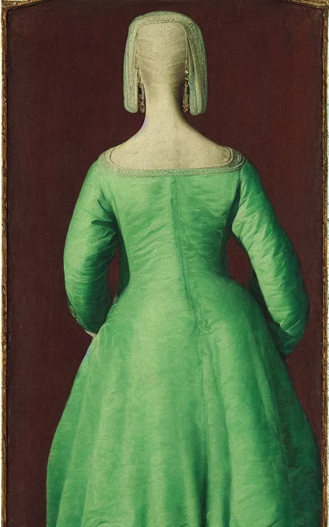 Prompt: back of a noble woman in emerald dress, 1 7 th century, symmetric, painting