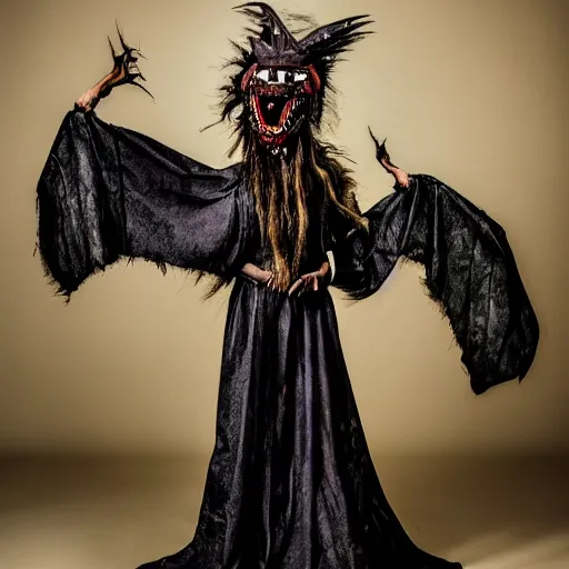 Prompt: a photography of a costume of a demonic creature with big painted eyes and a dragon mouth, with lots of long hairs and wearing multiple layers of fabrics with patterns by charles freger