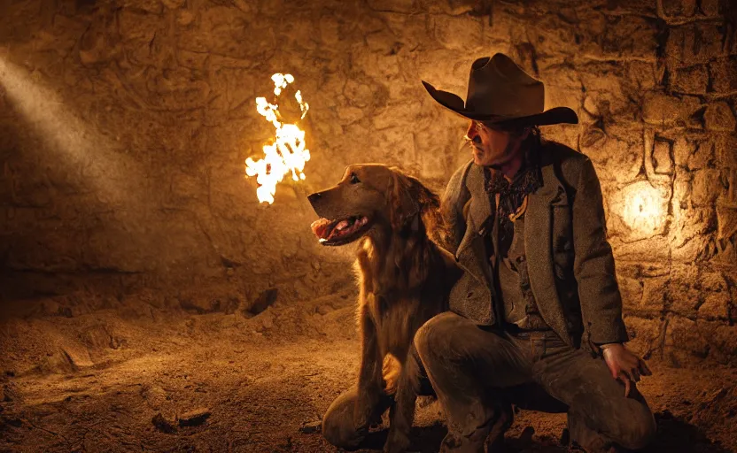 Image similar to a dirty golden retriever in a dimly lit gold mine with large piles of gold nuggets and wearing a black western hat and jacket, dim moody lighting, wooden supports and wall torches and pick axes, cinematic style photograph