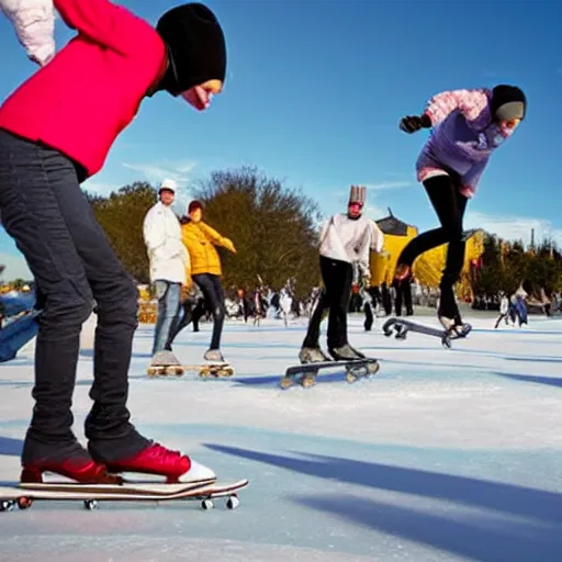 Prompt: people skating on melted cheese