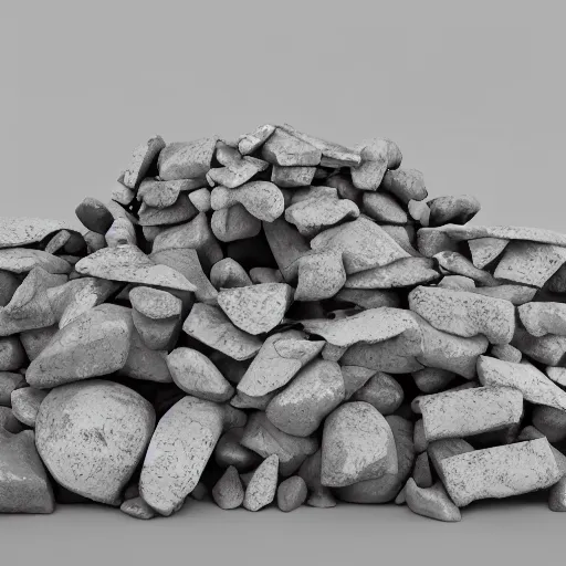 Image similar to sculpture made of piled stones, soda cans, minimal white room gallery, sunlit, photorealistic, 3 d rendering, higly detailed, minimalist, made with unreal engine, cgsociety
