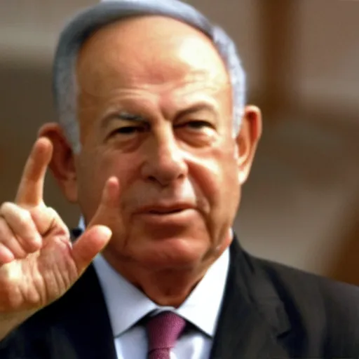 Prompt: photo of yitzhak rabin pointing at benjamin netanyahu on the background of the knesset, 5 0 mm, beautiful photo