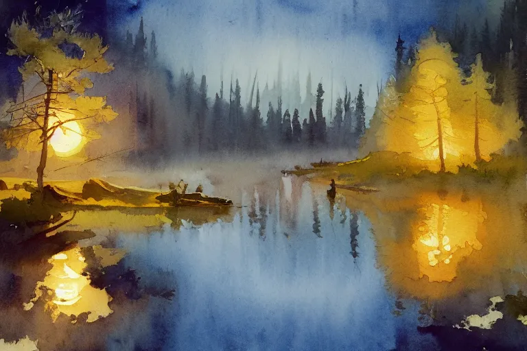 Prompt: small centered on watercolor paper, paint brush strokes, abstract watercolor painting of golden night at mini lake, heavy pine forest, cinematic light, american romanticism by hans dahl, by jesper ejsing, by anders zorn, by greg rutkowski, by greg manchess, by tyler edlin