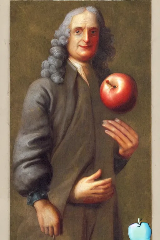 Image similar to isaac newton holding an apple, collage