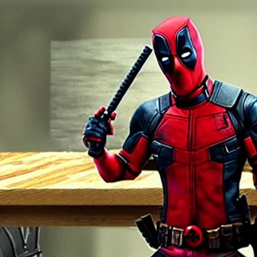 Image similar to movie still of deadpool as a pickle sitting on a workbench, high resolution, cartoon