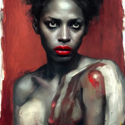 Image similar to portrait of the god of death, beautiful female face, angelic, black woman, dark, blood, by jeremy mann, by lucian freud, oil painting, god rays, female warrior, warrior face painting red, wings, holding a weapon, intricate, highly detailed, trending on artstation, award winning, cinematic