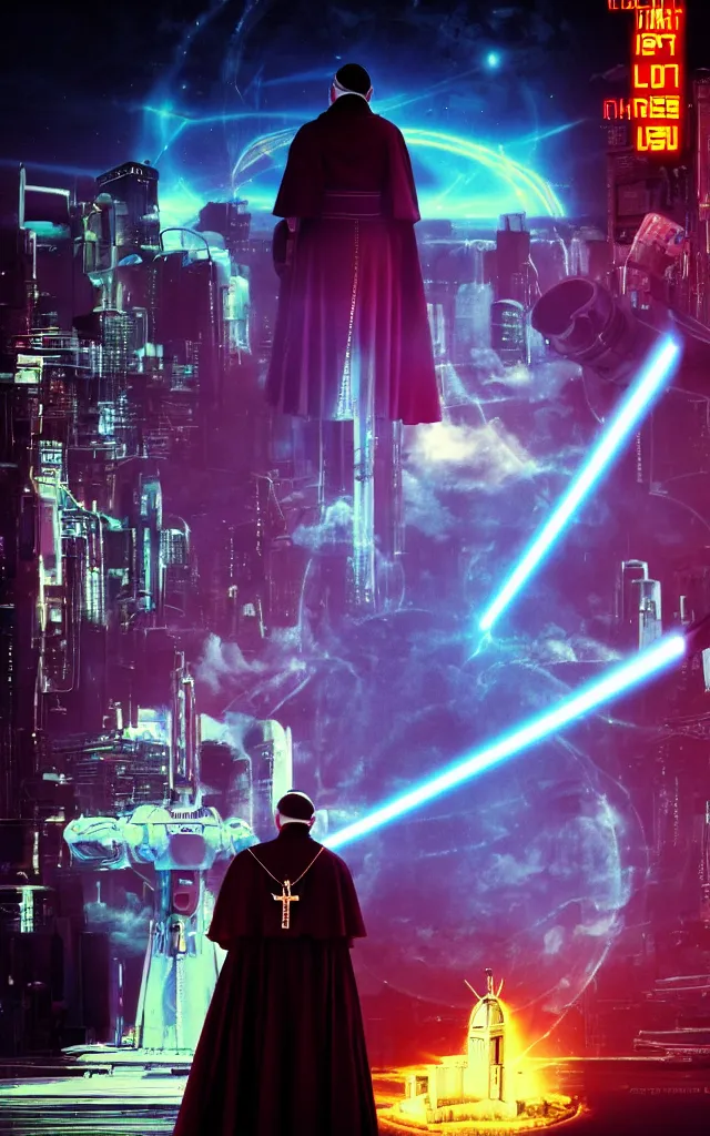 Image similar to Pope shooting bright lasers in front of robotic nuns, 80s, science fiction, cyberpunk, neon, low angle shot, cross, pope, movie poster, futuristic