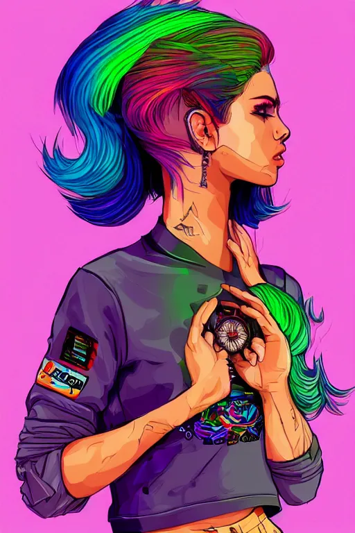 Image similar to a award winning half body portrait of a beautiful woman with stunning eyes in a printed croptop and cargo pants with rainbow colored ombre hairstyle head in motion and hair flying by josan gonzales, outrun, vaporware, shaded flat illustration, digital art, trending on artstation, highly detailed, fine detail, intricate