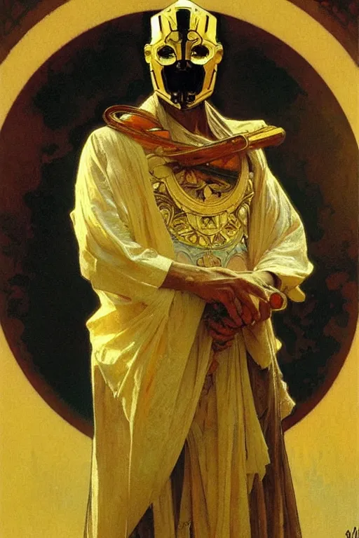 Image similar to A man wearing golden mask,painting by greg rutkowski and alphonse mucha