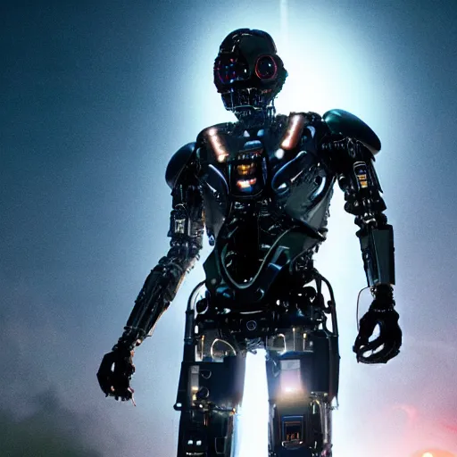 Image similar to movie still of a cool cyborg, cinematic composition, cinematic light, by edgar wright and ari aster