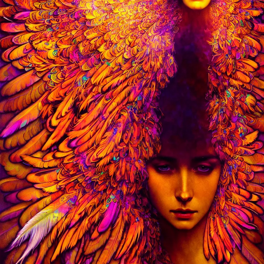 Image similar to face of innocent psychedelic transcendent feather mind bending psychedelic wings of glossy liquid honey flowing like kaleidoscopic translucent holograph, lsd feathers, feathery fluff, enlightenment, high contrast dappled lighting, refracted sunset, highly detailed, concept art, art by collier, albert aublet, krenz cushart, artem demura, alphonse mucha