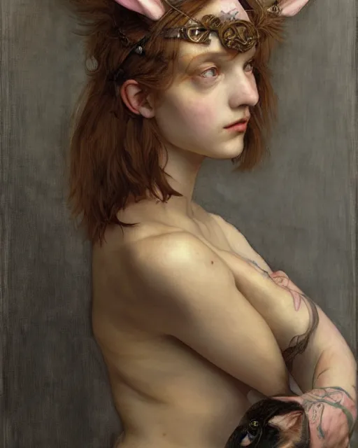Prompt: a sexy gamer girl with cat ears and tattoos, by edgar maxence and caravaggio and michael whelan and delacroix style, artistic, intricate drawing, light brazen, realistic fantasy, extremely detailed and beautiful aesthetic face, establishing shot, 8 k resolution, dramatic lighting