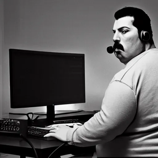 Image similar to obese Freddie Mercury wearing a headset yelling at his monitor while playing WoW highly detailed wide angle lens 10:9 aspect ration award winning photography by David Lynch esoteric erasure head