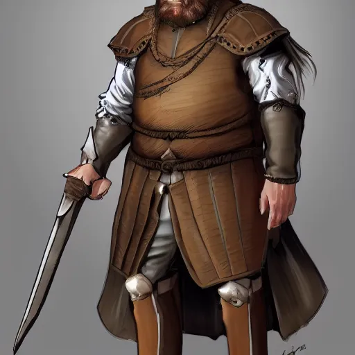 Prompt: 5 0 years old man, tall, stocky : : brown hair, sympathetic, stubble beard : : decorated medieval clothing : : high detail, digital art, rpg, concept art, illustration