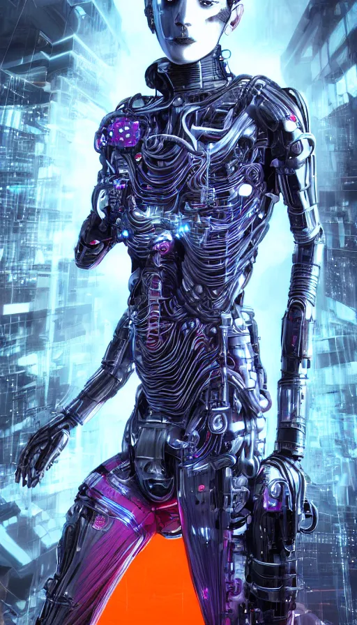 Image similar to full body head to toe portrait of a cyberpunk sci-fi cyborg netrunner bionic man, third person, D&D, sci-fi fantasy, matrix , intricate, black with shiny silver and orange fringe highlights, highly detailed, art by Range Murata, highly detailed, 3d, octane render, bright colors, digital painting, trending on artstation, sharp focus, illustration style of Stanley Artgerm, dramatic background