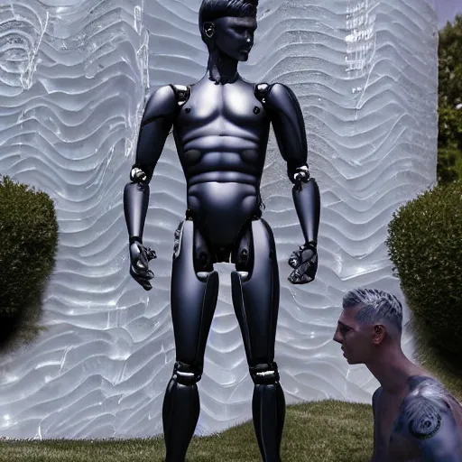 Image similar to made of ice, a realistic detailed photo of a guy who is an attractive humanoid who is half robot and half humanoid, who is a male android, on display, blank stare, showing off his muscles, shiny skin, posing like a statue, by the pool, frozen ice statue, twitch streamer / gamer ludwig, humanoid robot