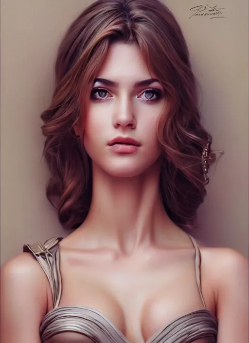 Image similar to a gorgeous greek female photo, professionally retouched, muted colors, soft lighting, realistic, smooth face, full body shot, torso, dress, perfect eyes, sharp focus on eyes, 8 k, high definition, insanely detailed, intricate, elegant, art by artgerm and j scott campbell