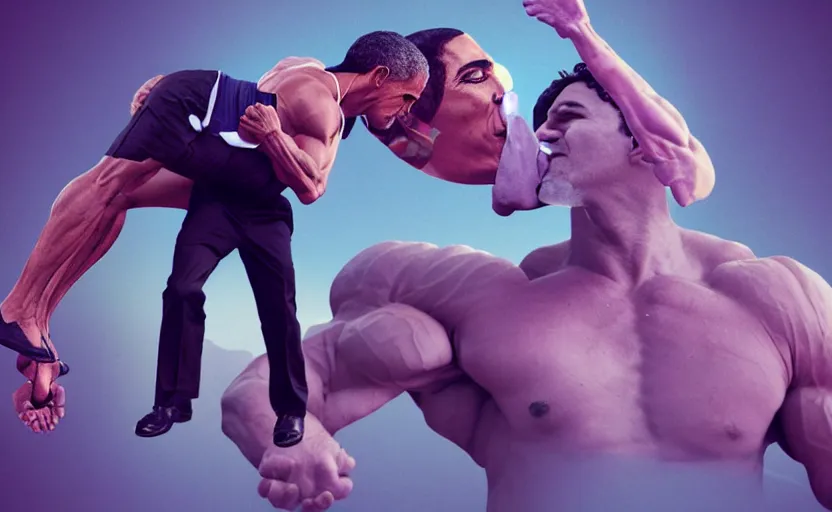 Image similar to Justin Trudeau getting smacked by a giant bodybuilder Obama, By Beeple