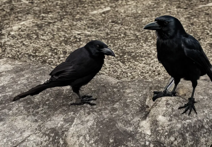 Prompt: a 4k photo of a crow with a microphone interviewing another crow, warm natural lighting, standing on rocks, under the soft shadow of a tree