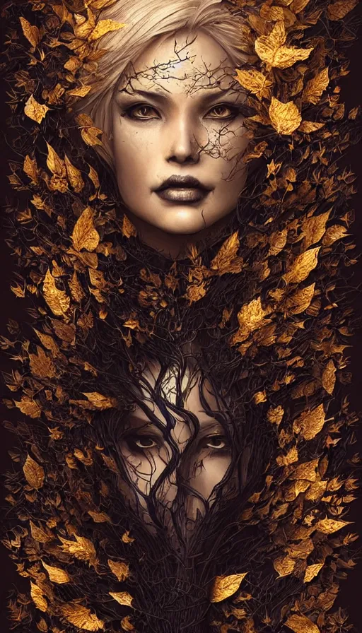 Image similar to black elegant, golden leaves at frame border, creative!!! composition for a book cover!!!, absurdly beautiful, ultrafine hyperrealistic detailed old witch face by wlop and artgerm and greg rutkowski, intricate linework, sharp focus, smooth, octopath traveler, final fantasy, unreal engine, dramatic lighting, ethereal, 8 k