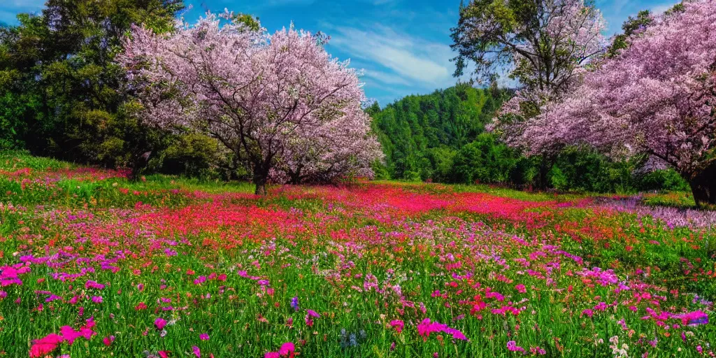 Image similar to flower meadow with lots of blooming trees, beautiful landscape