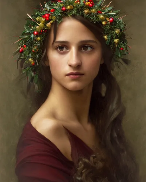 Image similar to a shadowy portrait painting of a shy 1 6 - year old alicia vikander as santa lucia at christmas wearing a holly wreath as a crown with candles, lit only by candlelight in the darkness, intricate, elegant, highly detailed, artstation, concept art, by krenz cushart and donato giancola and william adolph bouguereau and alphonse mucha