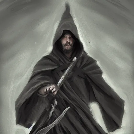 Image similar to a man in a grey cloak holding his black spear up to the sky, Digital art