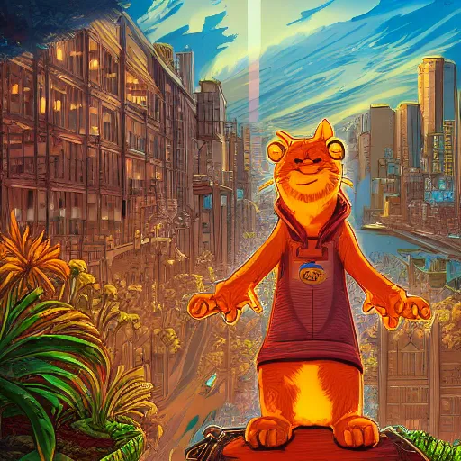 Image similar to the second coming of garfield by dan mumford, yusuke murata, makoto shinkai, ross tran, cosmic, heavenly, god rays, intricate detail, cinematic, 8 k, cel shaded, unreal engine, featured on artstation, pixiv