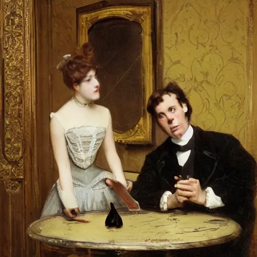 Image similar to young victorian man and woman solving an escape room riddle, painted by alfred stevens
