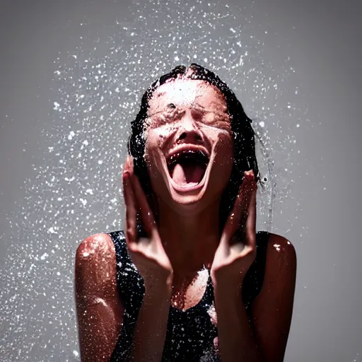 Prompt: happy excited model with an open mouth and closed eyes pouring water on her face