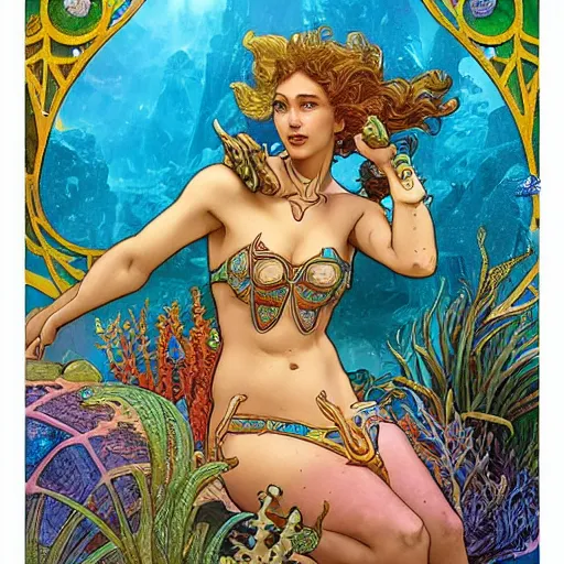 Image similar to Merfolk in the Lost City of Atlantis, very colourful, underwater, highly detailed, artstation, intricate, smooth, sharp focus, bright, happy, illustration, art by Artgerm and Greg Rutkowski and Alphonse Mucha and Yuumei, good clear quality, lighting, biology, symmetrical artwork, perfect face, 135 mm, cinematic, hyper realism, dark, moonlight, high detail, octane render, 8k, crimson highlights