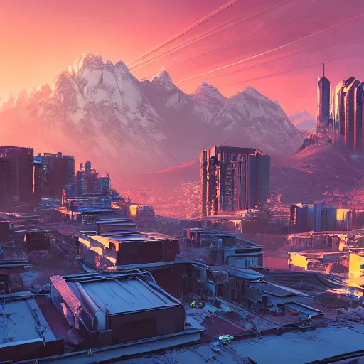 Image similar to beautiful sunset over detailed cyberpunk suburb in a valley surrounded by epic mountains with snowtops, sharp, highly detailed, hyperrealistic, kacper niepokolczycki, syd mead, 4 k, perfect geometry