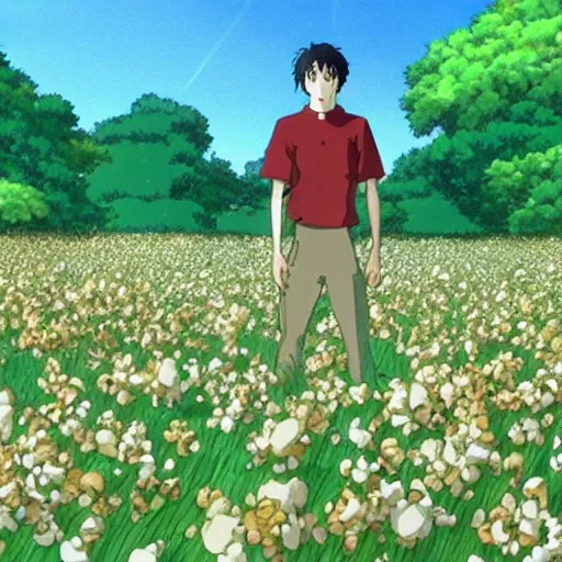 Image similar to man stands on a meadow made of popcorn, landscape, studio ghibli, anime