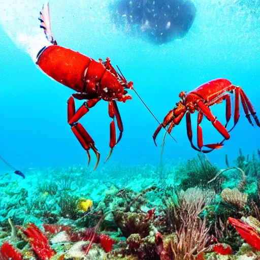 Prompt: lobsters fighting under water