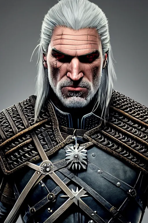 Image similar to portrait of geralt of rivia, 5 5 mm lens, professional photograph, times magazine, serious, stern look