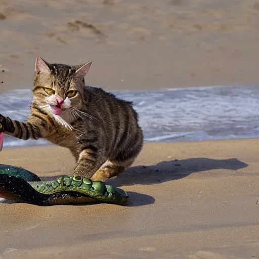 Image similar to a photo superhero tabby cat fightning a crocodile on a sunny beach