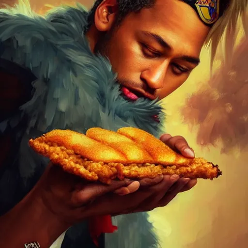 Prompt: Neymar eating a KFC zinger, closeup, giant zinger, D&D, fantasy, intricate, elegant, highly detailed, digital painting, artstation, concept art, matte, sharp focus, illustration, art by Artgerm and Greg Rutkowski and Alphonse Mucha